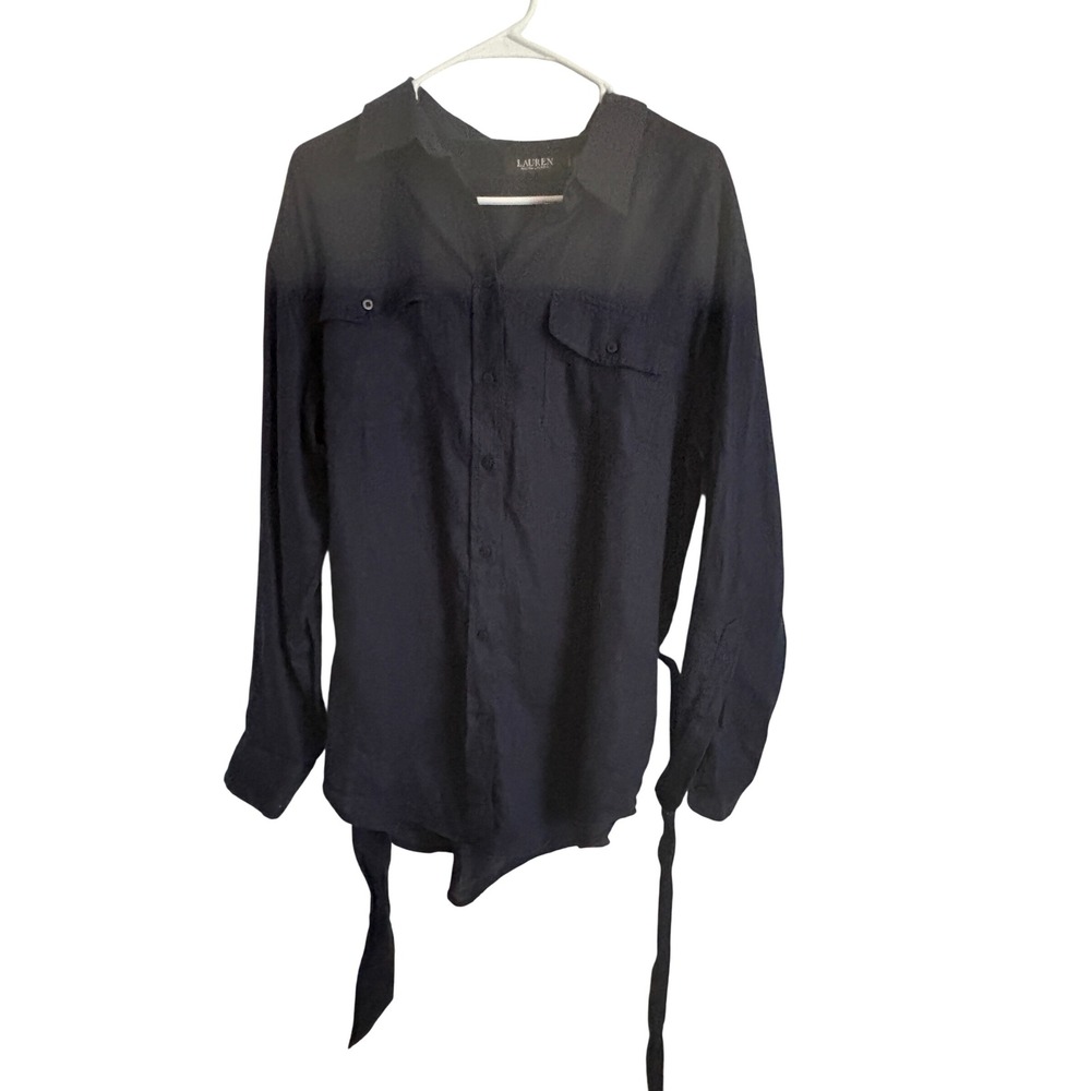 Lauren Ralph Lauren Navy Blue 100% Linen Blend Roll Tab Belted Utility Shirt L